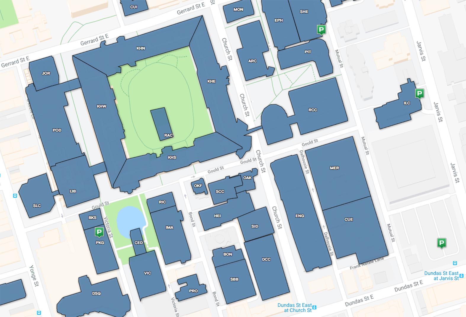 Campus map showing Ryerson parking lots.