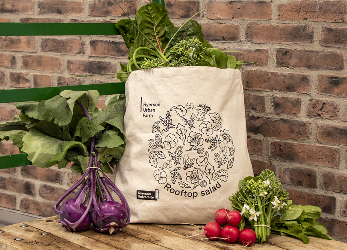 A cotton canvas tote bag featuring artwork of the Urban Farm salad mix. The tote bag is positioned on a wooden wagon in front of a brick wall, surrounded by fresh vegetables.