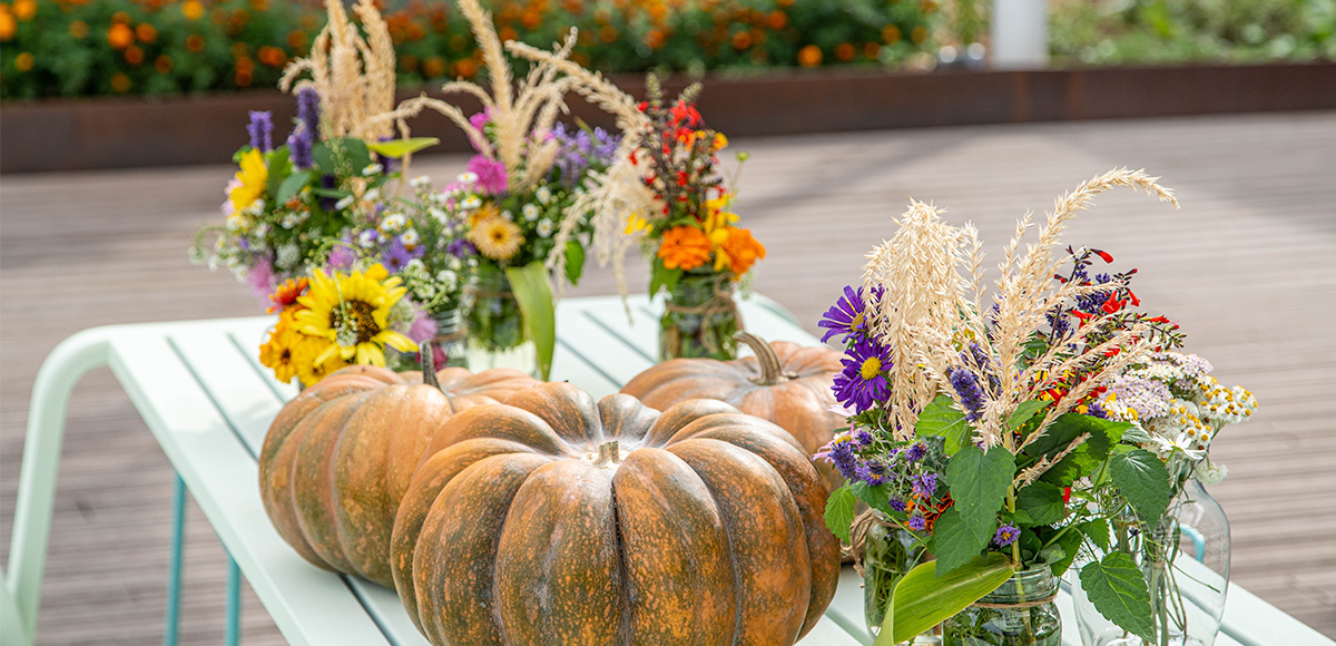 Harvest Party table with pumpkins, floral arrangements
