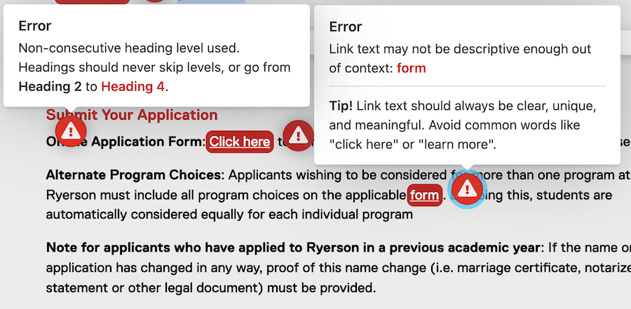 Accessibility checker flagging heading hierarchy issues and non-descriptive link text.