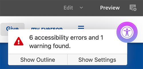 Accessibility checker showing 6 accessibility errors and 1 warning.