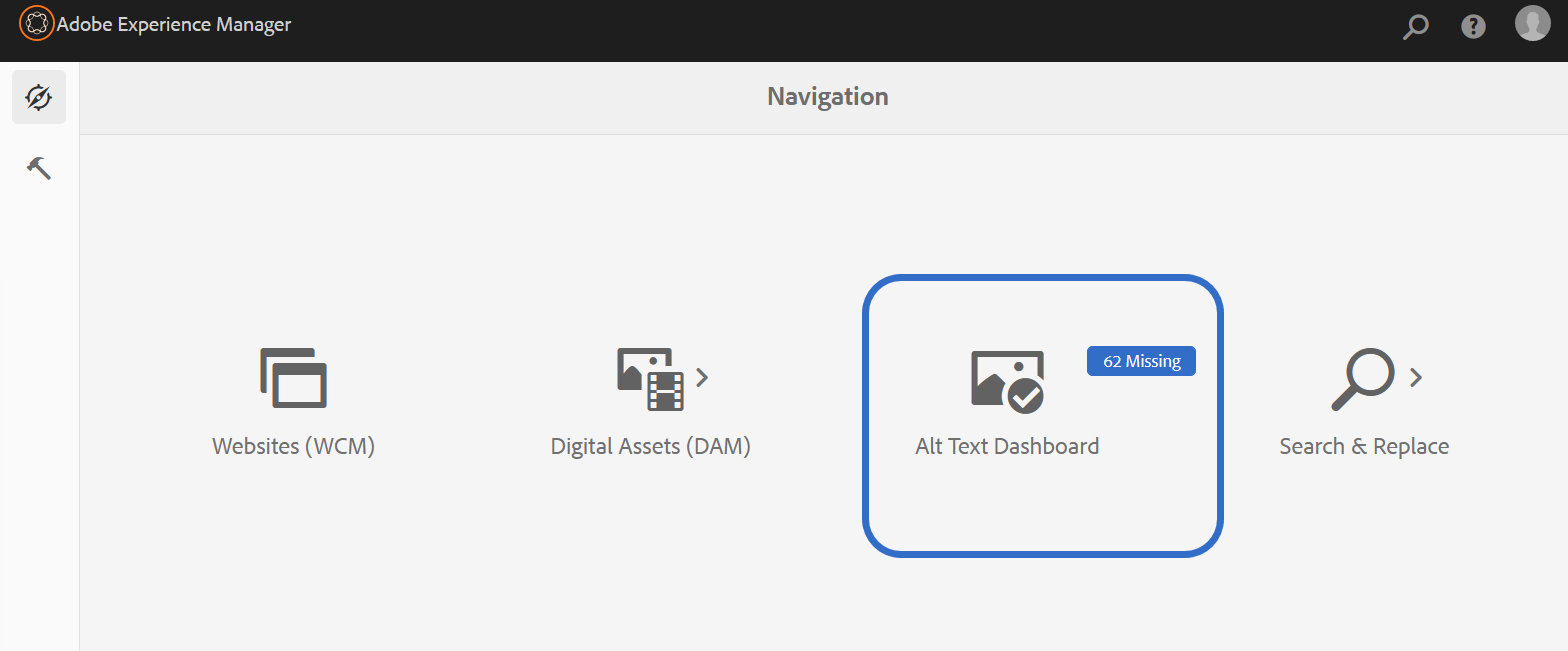 Screenshot of AEM homepage showing the Alt text Dashboard with 62 images missing alt text.