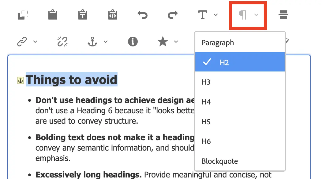 Screenshot of the paragraph formats dropdown in the text component.