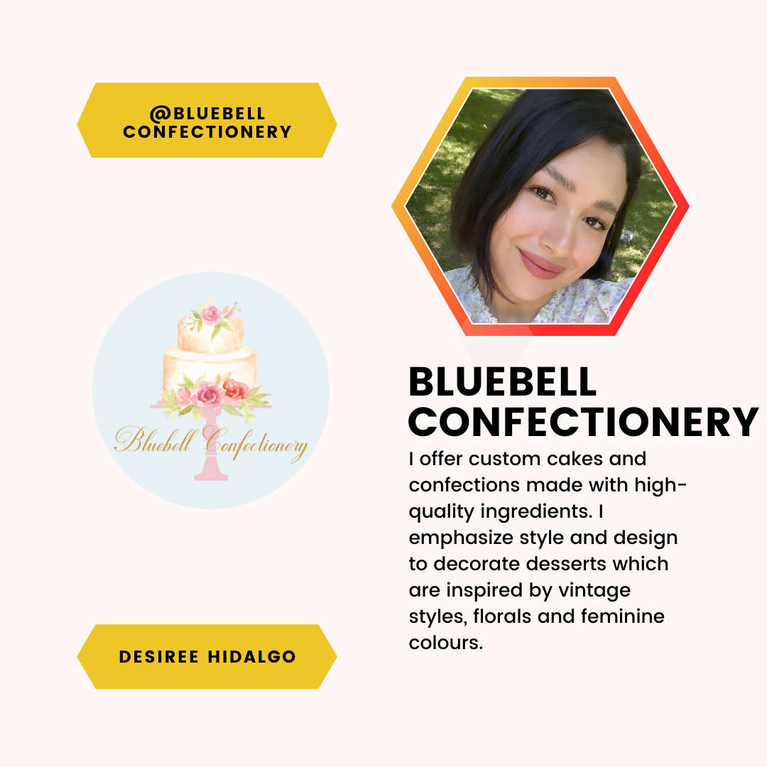 A feature of Desiree Hidalgo and Bluebell Confectionery. I offer custom caked and confections made with high-quality ingredients. I emphasize style and design to decorate desserts which are inspired by vintage styles, florals and feminine colours.