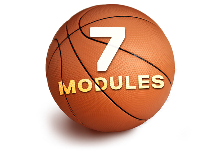 An orange basketball. White text overlay reads "7 Modules" in bold font.