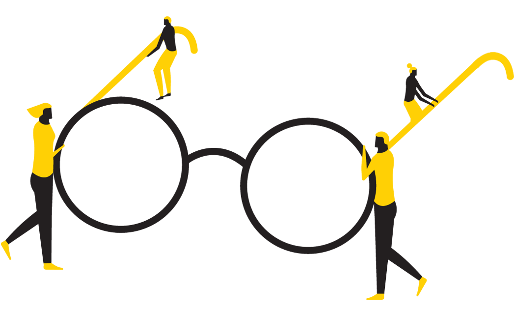 A stylized illustration of large eyeglasses being carried by two figures, with two smaller figures balancing on the arms. The image conveys teamwork and creativity.