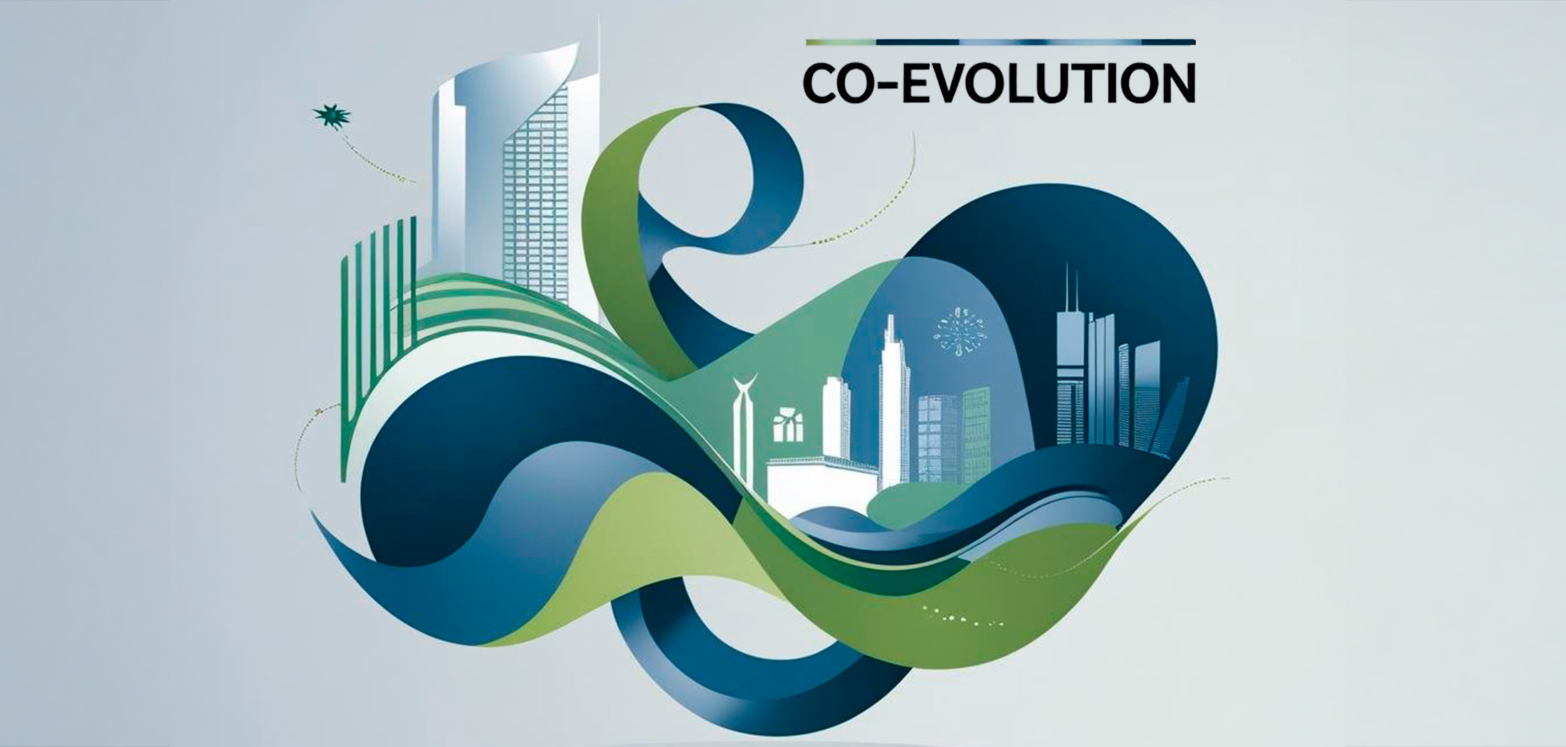 City skyline with abstract blue and green swirls, symbolizing interconnectedness and co-evolution
