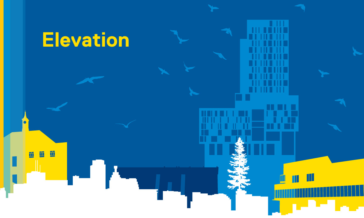 A blue, white and yellow vector illustration of some of Ryerson's buildings with the text Elevation