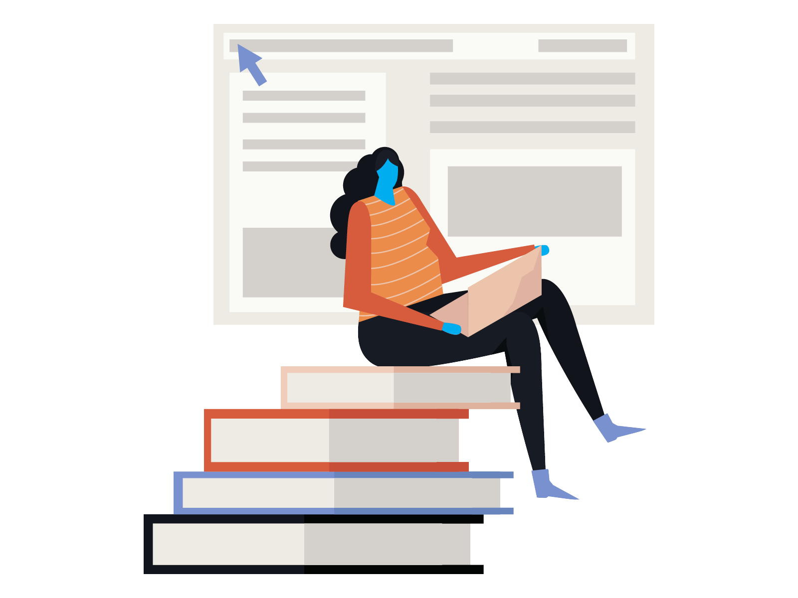 Illustration of a person working on their laptop while seated on a pile of books, representing online research