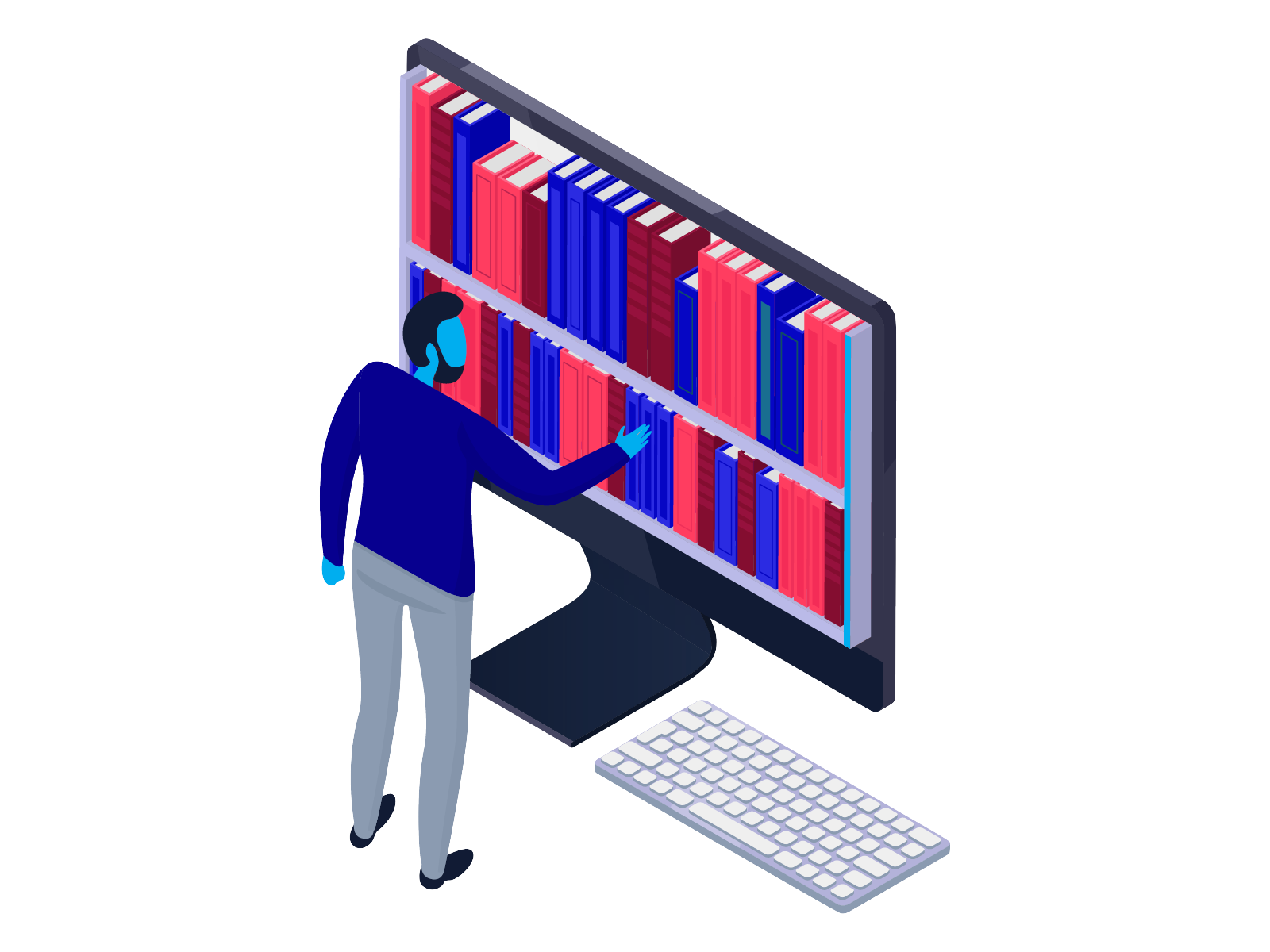 Illustration of a person perusing an online library, shown on the screen of a desktop computer