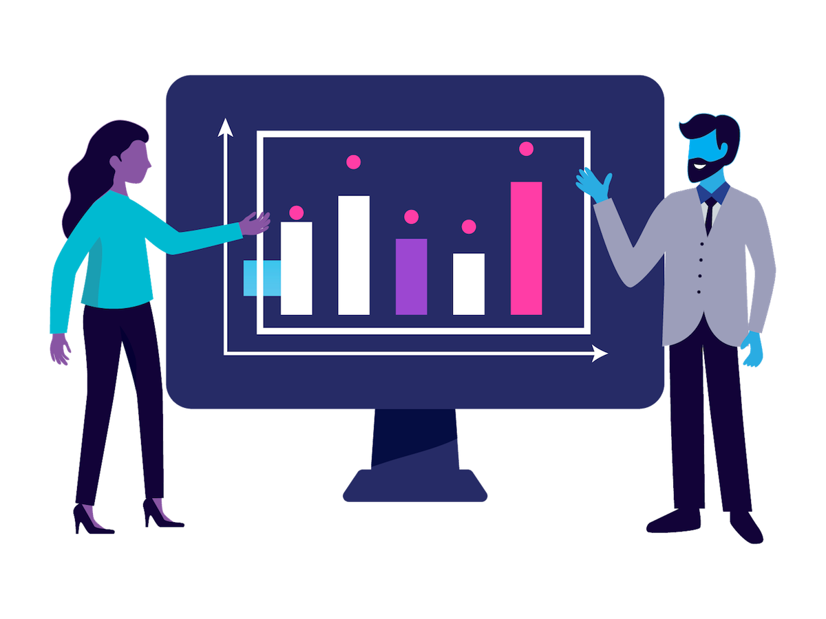 Illustration of 2 people giving a presentation featuring a bar chart on a desktop computer