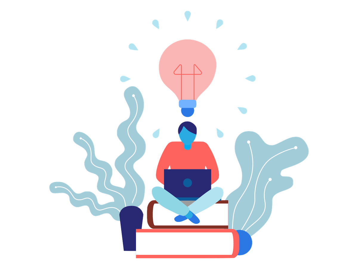 Illustration of 1 person on a laptop with a new idea, illustrated by a lightbulb above their head