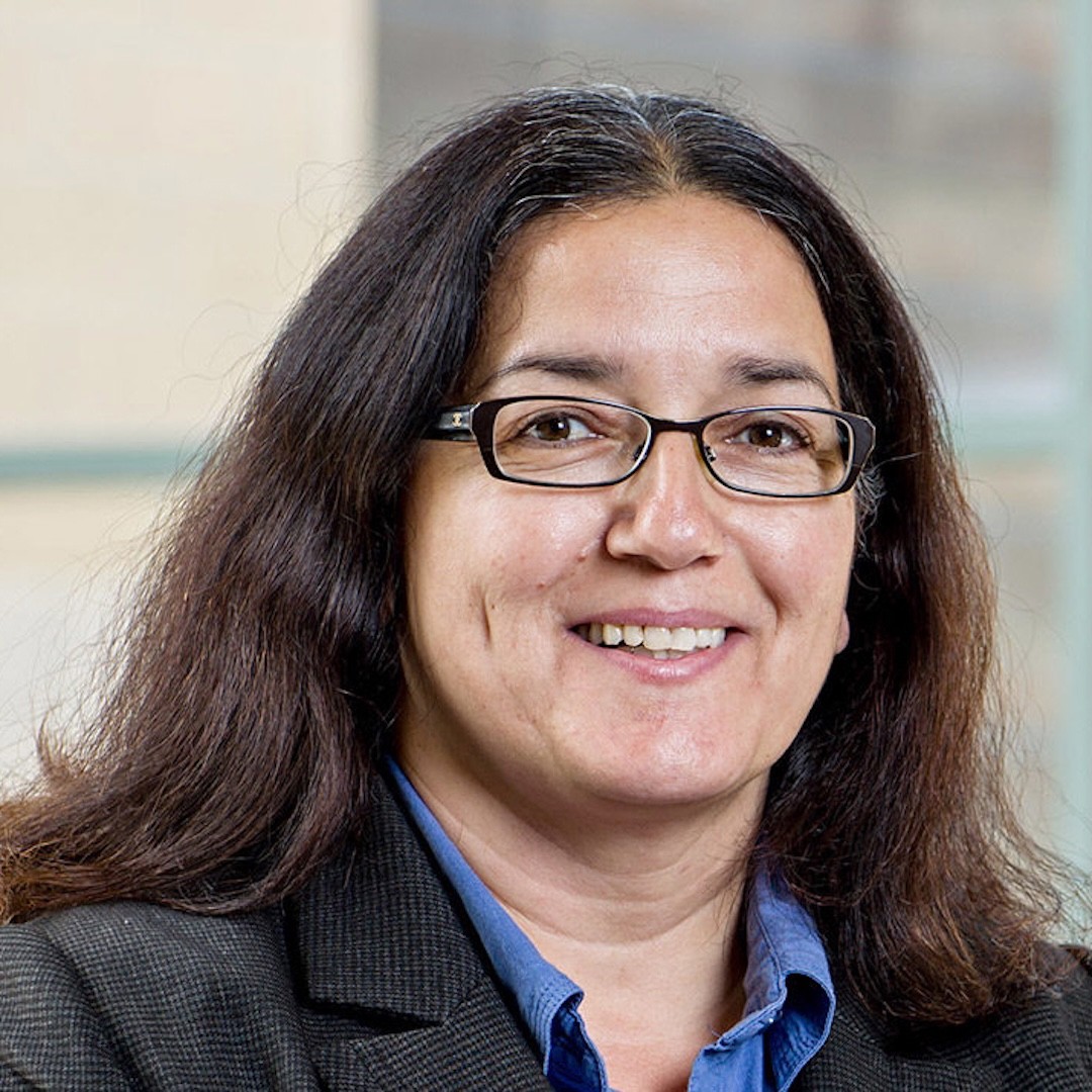 A close-up headshot of Joanne DiNova. She is smiling and wearing thin rectangular glasses with her brown hair down. She is wearing a dark grey blazer with a blue button-up underneath.