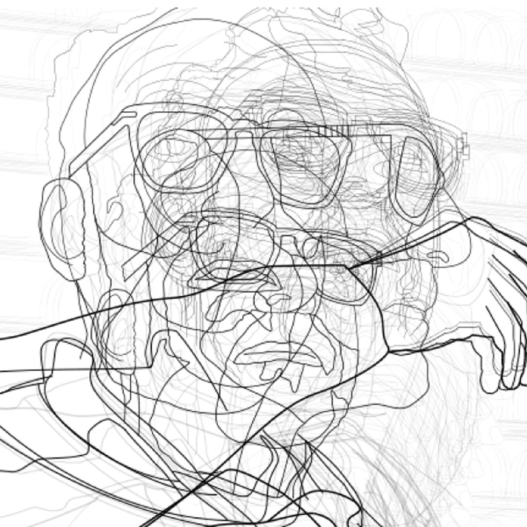 Black line art doddles of man with glasses over white background